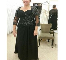 2021 Black Mother Of The Bride Dresses Aline 34 Sleeves Chiffon Appliques Beaded Plus Size Groom Mother Dresses For Weddings2597390