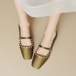 Dress Shoes Mary Jane 2024 Spring And Autumn Women's Silk One Buckle Pearl Low Heels Vintage Single