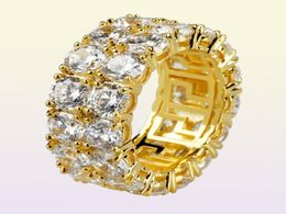 712 New Gold Silver Colour Plated Micro Paved 2 Row Chain Zircon Hip Hop Finger Rings for Men Women3953614