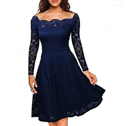 Casual Dresses Elegant Ladies Off Shoulder Lace Autumn Women's Long Sleeve A-Line Formal Party Dress Solid Color Vestidos 2024