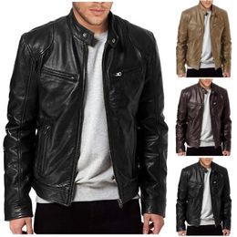 Fashion Men's Leather Jacket Slim Fit Stand Collar PU Coat Male Windproof Motorcycle Lapel Diagonal Zipper Outerwear 240117