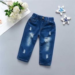 Jeans Children's jeans children's clothing spring and autumn seasons versatile girls straight leg perforated casual boys' pants