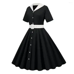 Casual Dresses Women Dress V Neck Lapel Single-breasted With Belt A-line Big Swing Tight High Waist Retro Short Sleeve Princess Style