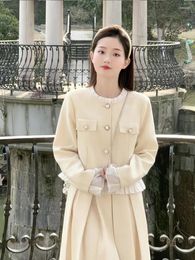 Work Dresses Korean Sweet Flounce Coat Pleated Skirt Two-piece Set Women Fashion O-neck Single Breasted Celebrity Solid Slim Spring Lady