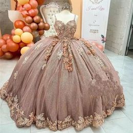 Charro vestidos de 15 a os Quinceanera Dresses with Floral rose gold Applique Sweet 16 White Prom Dress207r