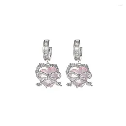 Dangle Earrings Heart For Women Shiny Pink Crystal Bow Hoop Love Minimalist Party Wedding Ear Jewellery Valentine