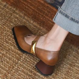 Dress Shoes Women's Vintage Mary Jane Thick Med Heels Buckle Pumps French Simple On Heel Style Cowhide