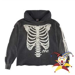 Men's Hoodies Sweatshirts Washed SAINT MICHAEL Hoodie Men Women Skeleton Rib Cracking Printing Pulloveryolq