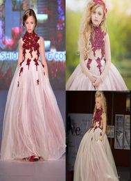 A Line High Neck Flowers Girls Dresses Burgundy Lace Applique Long Sleeve Teens Princess Pageant Gowns Prom Wedding Party Dress Cu8243797