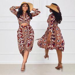 Ethnic Clothing Summer Sexy African Clothes For Women Long Sleeve V-neck Polyester Printing 2 Pieces Set Top Skirt Matching Sets