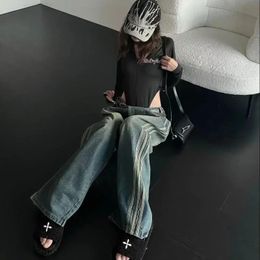 American Stripe Vintage Casual Jeans High Street Loose Wash Oversized Fashion Girl Wide Leg Trousers 240116