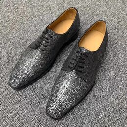 Dress Shoes Authentic Smooth Stingray Skin Square Toe Handcraft Men's Classic Office Genuine Exotic Leather Male Lace-up Oxfords