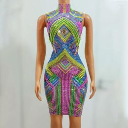 Stage Wear Shiny Colourful Rhinestones Dress Women Celebrate Evening Dresses Singer Gogo Costume Performance Festival Outfit XS7361