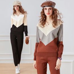 Women's Two Piece Pants High-quality Soft And Comfortable Women's Fashion V-neck Color-Block Sweater Slim Trousers Sexy Luxury Two-piece