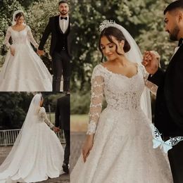 2024 Ball Gown Wedding Dresses Bridal 3/4 Long Sleeves Lace Applique V Neck Crystals Beaded Satin Dubai Custom Made Plus Size YD 328 328