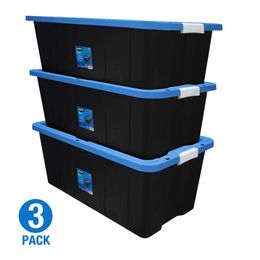 40 Gallon ing Plastic Storage Bin Container Black with Blue Lid Set of 3 240116