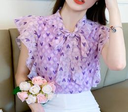 Women039s Blouses Summer Temperament Purple Chiffon Blouse Office Lady LaceUp Bow Female Korean Sleeveless Casual Loose Women 8715504