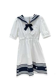 Designer Basic & Casual Dresses MIU Home White Long Dress Navy Collar Academy Style Sweet A-line Dress Bow Shirt Dress Summer N6DK