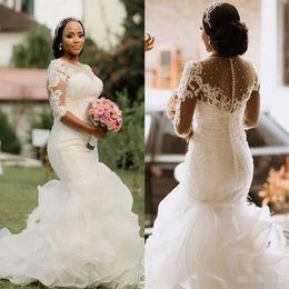 2021 Mermaid Wedding Dresses Luxury Beaded Crystals with 1 2 Half Sleeves Lace Applique Ruffles Sweep Train Custom Made Wedding Go2292