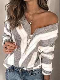 Plus Size Womens Long Sleeve Deep V Neck Zipped Up Hand Knit Striped Sweater Tops Loose Pullover Jumper Tops 240117