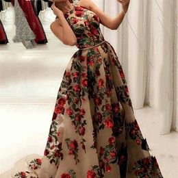 New Strapless Embroidered Sequin Floral Evening Dress Jewel Neck Split Champagne Sexy Formal Prom Evening Gowns With Detachable Tr2770