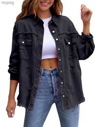 Women's Leather Faux Leather Women's Fashion Casual Ripped Distressed Denim Jacket Boyfriend Jean Coat Long Sleeve Button Down Trucker Jacket YQ240116