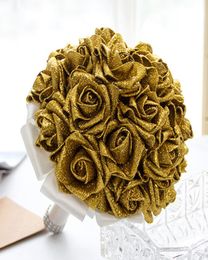 Gold Wedding Bridal Bouquets with Handmade Flowers Sequins Red Rose Wedding Supplies Bride Holding Brooch Bouquet CPA15862074965