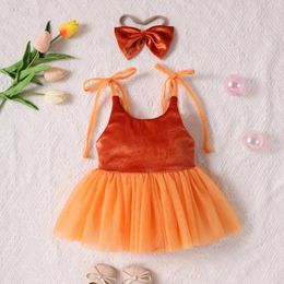 Girl Dresses Toddler Baby Rompers Dress Tie-Up Straps Layered Tutu Skirt Jumpsuits Children Bodysuits With Headband Kids 0-24 Months