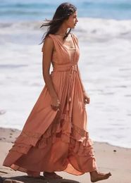 canwedance Summer Beach Dress Sleeveless Cotton Maxi Dresses Boho Style Solid Colour Lace Ruffled Sundress Mujer Vestidos 240116