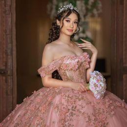 Pink Sequins Ball Gown Quinceanera Dress Tulle Gold Appliques Flowers Beads Off Shoulder Sweet 15 16 Birthday Party Formal