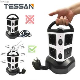 Power Cable Plug TESSAN EU Multiple Plug Power Strip Vertical Tower Socket with 6/10/14 Outlets 4 USB Independent Switches 2M Cable for Home YQ240117