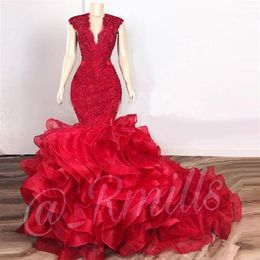 Dark Red Cascading Ruffles Prom Dresses Mermaid 2022 Lace Beaded Organza V-neck Evening Gowns Cocktail Party Dresses robes de soir327H