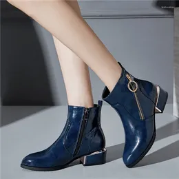 Boots YMECHIC Fashion Pu Patent Leather Ankle Booties 2024 Woman Blue Black Wine Red Zipper Medium Chunky Heels Ladies Shoes Plus Size