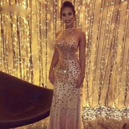 Mermaid Prom Dresses 2020 Champagne Long Evening Gowns Halter Sparkling Beaded Crystal Illusion Neck Birthday Party Gown2416