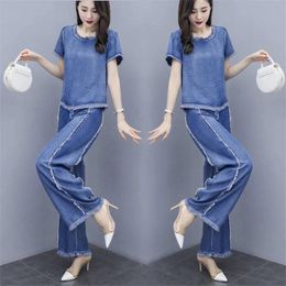 Sets Tracksuit For Women 2021 Summer New Womens Loose Large Size Crop Tops+Denim Pants Suit Female Plus Size Fashion Two Piece Sets