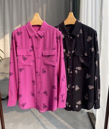 Ladies Long Sleeve 100% Silk Lapel Printing Pockets Blouse Shirt Top