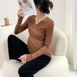 625# Autumn Winter Across V Neck Knitted Maternity Nursing Sweaters Slim Breastfeeding Shirt Pregnancy Breast Feeding Tops 240117