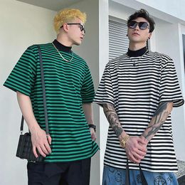 Men's T Shirts Summer Black Turtleneck Hit Color White Green Blue Striped Short Sleeve Men Fashion Harajuku Oversized Top