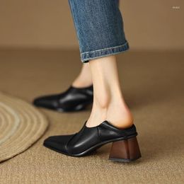 Dress Shoes 2024 Spring Women Pumps Natural Leather 22-24.5cm Length Cowhide Pigskin Full Square Toe Retro Heels