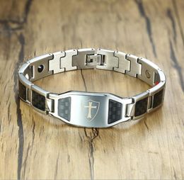 Men's Magnetic Bracelet With Engraved Knights Templar Shield Bracelet 4 in 1 Bio Stainless Steel Carbon Fiber Men Jewelry4603069
