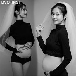 Skirts Dvotinst Women Photography Props Maternity Dresses Pregnancy Black Full Sleeve Top Shorts Veil Set Studio Photoshoot Clothes