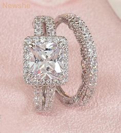 Wedding Rings she 2 Pcs Vintage Ring Set Solid 925 Sterling Silver 4Ct Princess Cut AAAAA CZ Engagement for Women Bridal 2210174576207