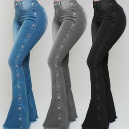 Mid Waisted Stretch Flare Jeans Women Denim Pants Wide Leg Butt-lifted Casual Korean Style Skinny Bell Bottom Pocket Trousers 240116