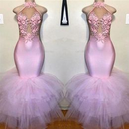 Blush Pink Mermaid Prom Dresses 2020 Halter 3D Flowers Lace Appliques Evening Gowns Plus Size African Formal Party Dress BC39863386