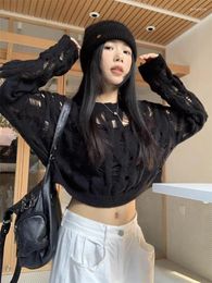 Women's Knits Korejepo Hollowed Out Hole Sweater Women Autumn Short Vintage Black Knit Top Underneath Leisure Simplicity Pullover 2024