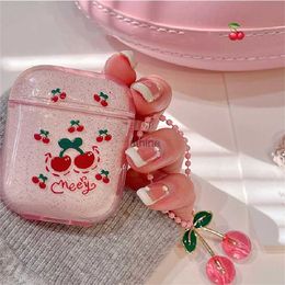 Cell Phone Cases Korean Pink Transparent Glitter Cherry Headphone Case For Airpods Pro2 With Cute Pendant Protection Case For Airpods 1 2 3 Cover YQ240117