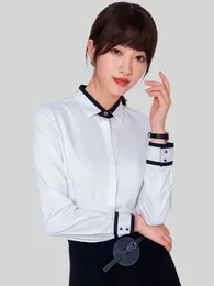 Women's Blouses Contrast Black Piping Collar & Cuff Office Work Blouse Without Pocket Long Sleeve Slim-fit Versatile Female Dress Shirts