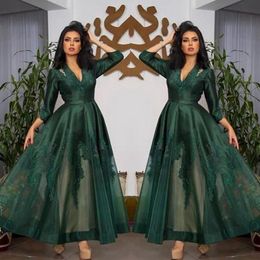 Dark Green V Neck Satin Evening Dresses Long Sleeves Tulle Lace Applique Ruched Ankle Length Prom Formal Wear Party Gowns289w