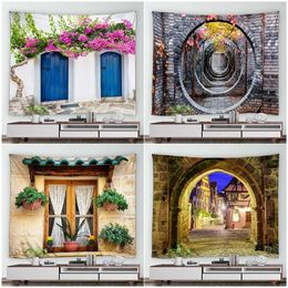 Street Flower Scenery Tapestry Vintage Blue Wooden Door Floral Plants Nature Landscape Home Garden Decor Wall Hanging Picnic Mat 240117