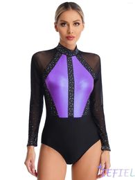 Stage Wear Womens Sparkling Rhinestones Latin Unitard Gymnastics Competition Ballet Long Sleeve Mesh Splice Bodysuit Fancy Skating Dress